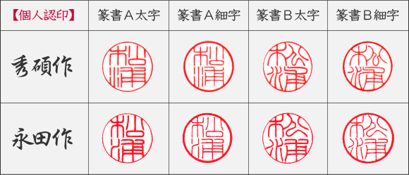 姓/名のみ彫刻(上→下)における松崎 秀碩と永田 皐月の見本比較